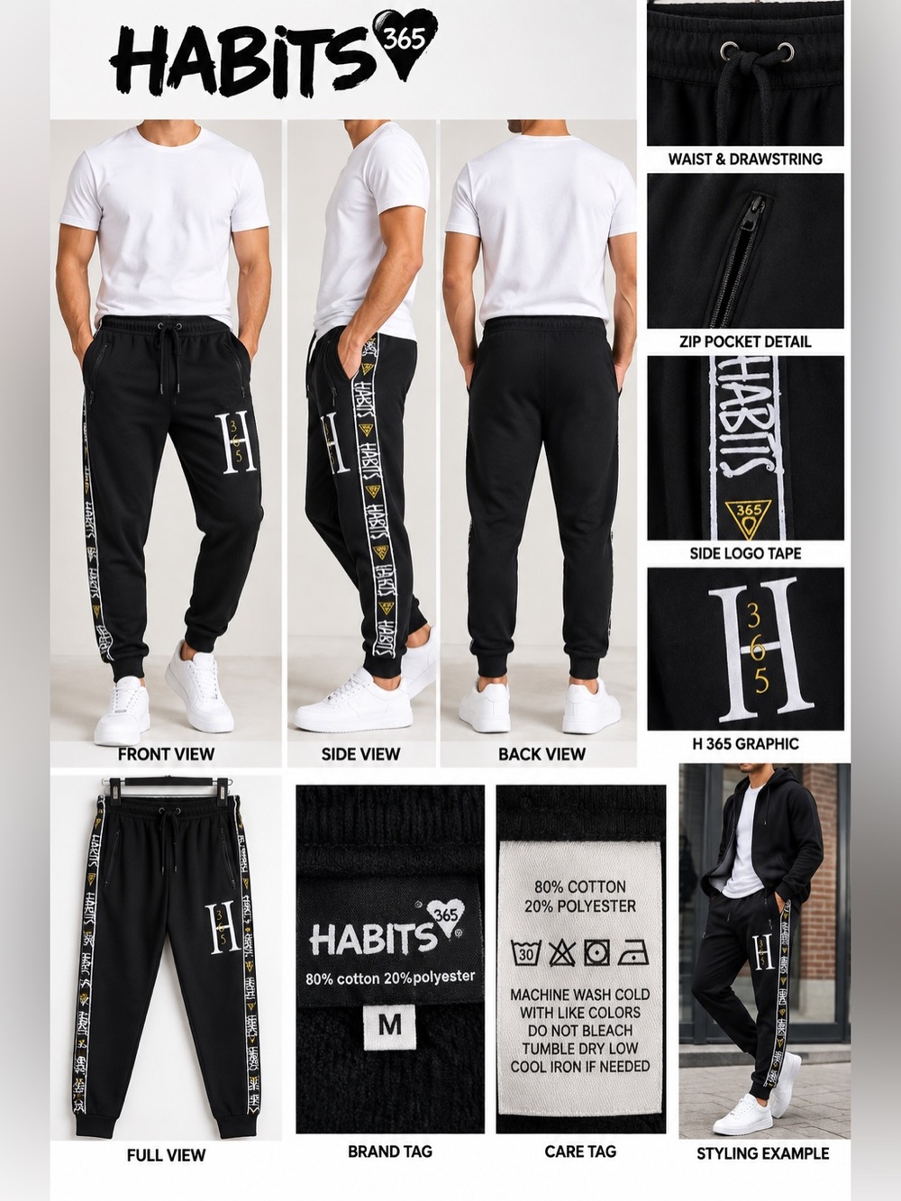 HABITS 365 Men’s Medium Black Logo Tape Jogger Pants Streetwear Zip Pockets